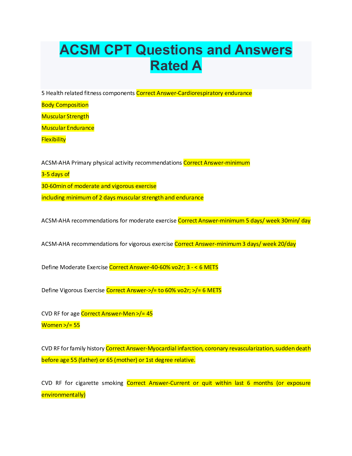 Preview of ACSM CPT Questions and Answers Rated A